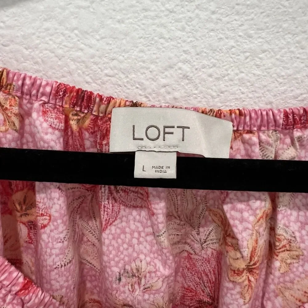 LOFT Pink Tropical Floral Puff-Sleeve V-Neck Peplum Top Women's Large